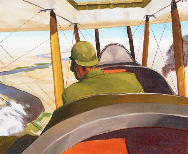 A British Pilot in a BE2C approaching Hit along the course of the River Euphrates, July 1919, Sydney Carline