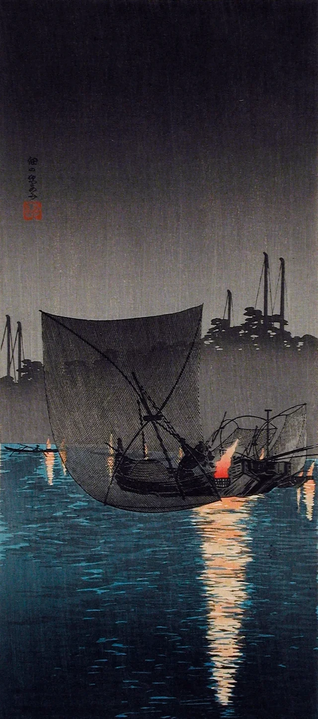 Île de Tsukuda, filets de pêche la nuit