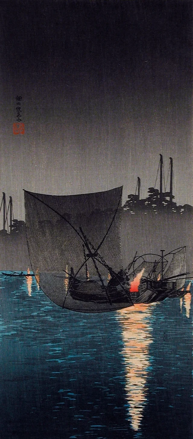 Île de Tsukuda, filets de pêche la nuit, Takahashi Shōtei