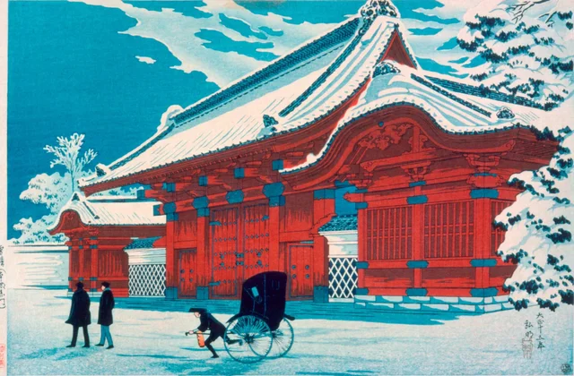 La porte rouge de Hongō sous la neige