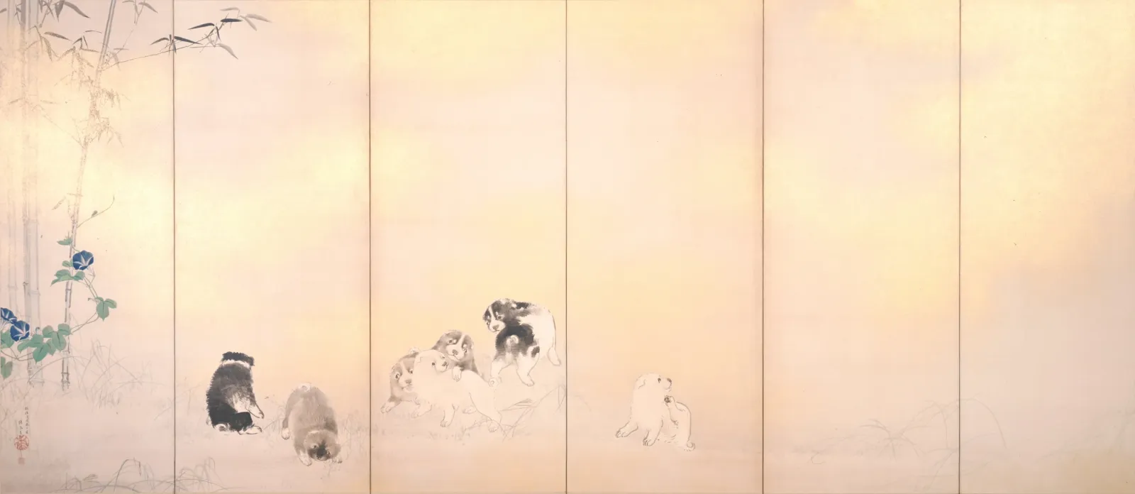 Paravent aux glycines, aux ipomées et aux chiens, Takeuchi Seihō