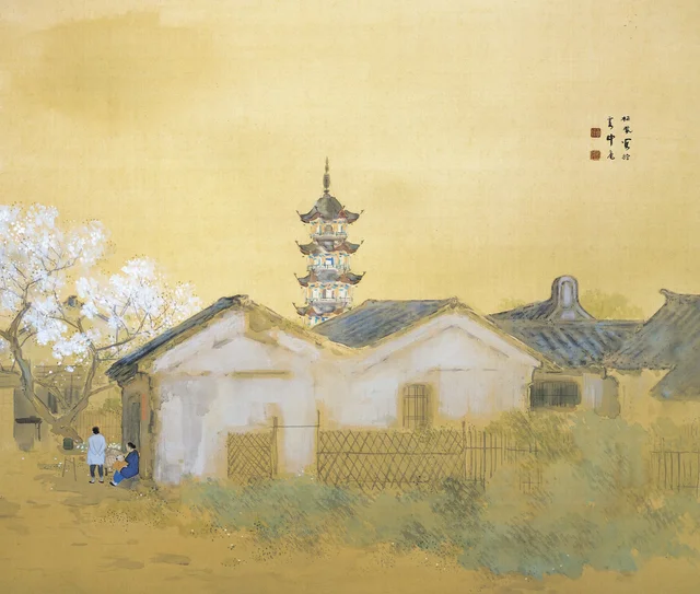 Calma de un templo en primavera, al sur del río, Takeuchi Seihō