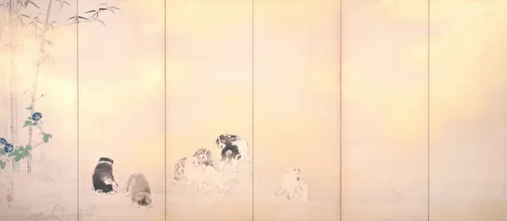 Screen of wisteria and morning glory with dogs — Takeuchi Seihō