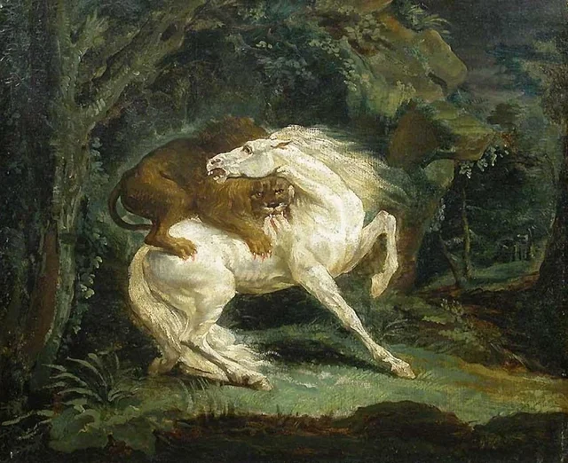 Caballo atacado por un león