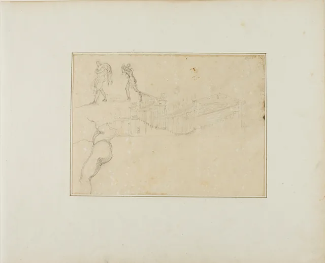 Coupe d'une salle à piliers et trois croquis de figures