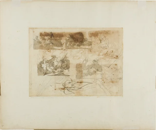 Croquis d'une bataille de cavalerie, tête et pattes d'un lévrier