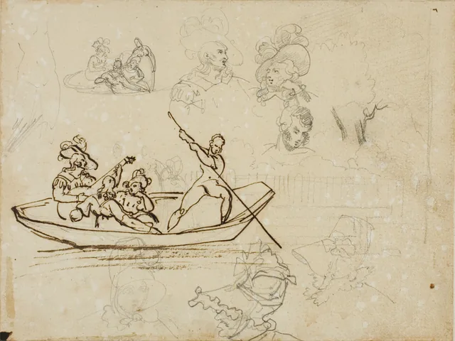 Croquis d'une partie de canot musicale et d'une femme coiffée d'un haut chapeau