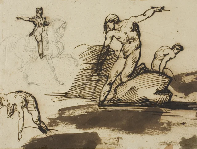 Estudio de Napoleón a caballo con bocetos de desnudos entre rocas