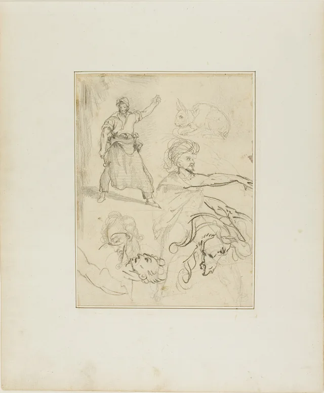 Studies of a Blacksmith and a Horse's Head with Sketches of Other Figures and a Rabbit
