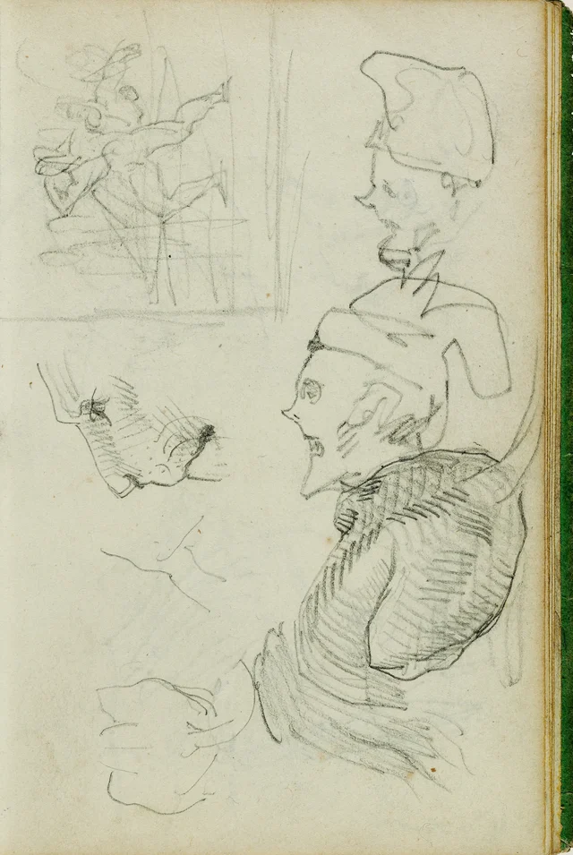 Études de lion, étude de composition d'un groupe de figures, deux études de têtes caricaturales