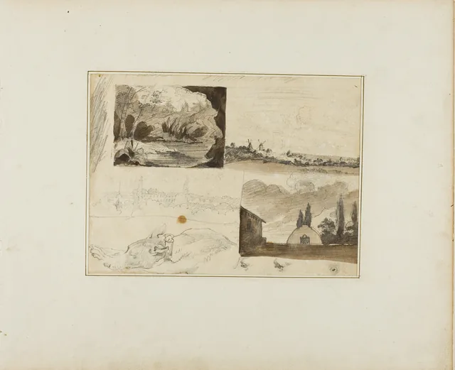 Feuille de croquis : quatre paysages et un lévrier