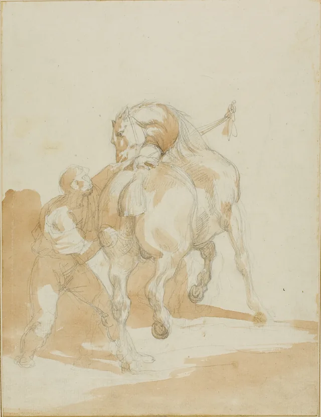 Stableboy Grooming a Horse