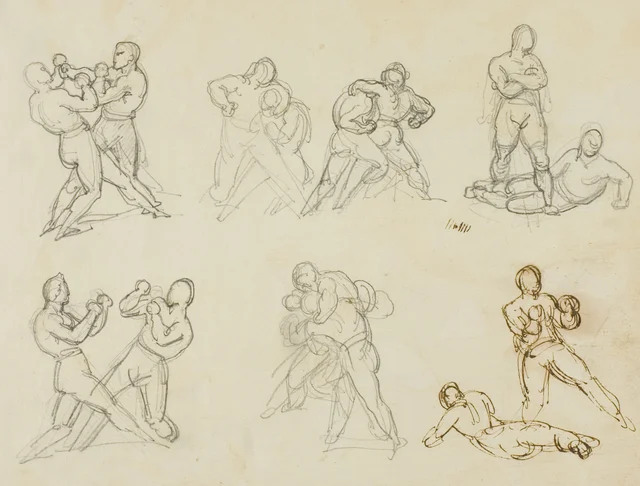 Siete bocetos de parejas de boxeadores