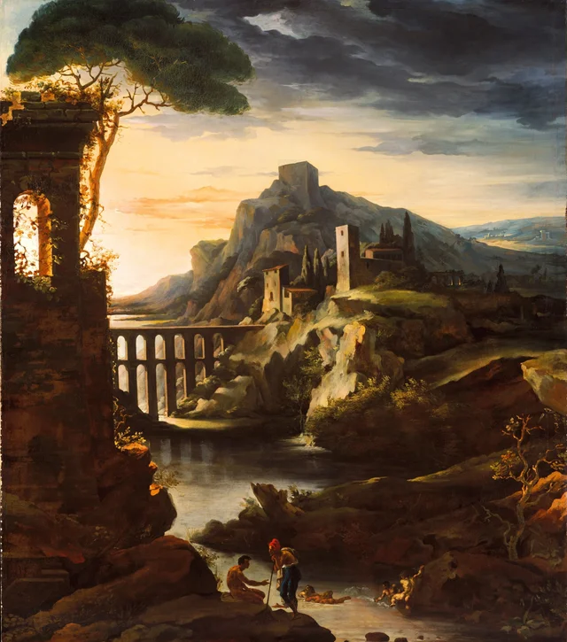 Atardecer: paisaje con acueducto