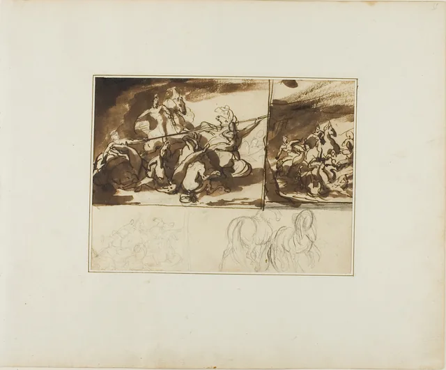 Three Sketches of an Equestrian Battle and a Sketch of Two Figures
