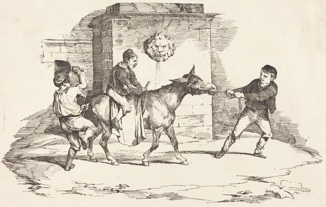 Three Children Playing with a Donkey