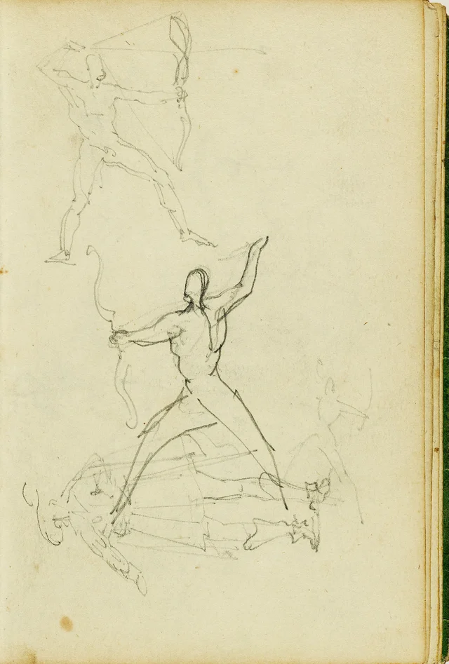 Three studies of a nude man with bow and arrow, standing cavalier