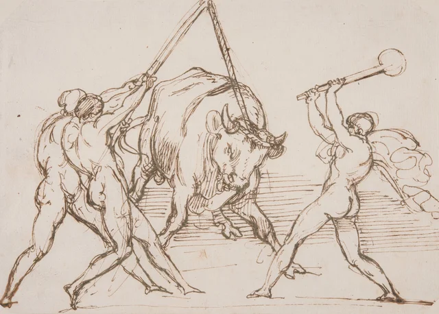 Tres hombres hostigando a un toro