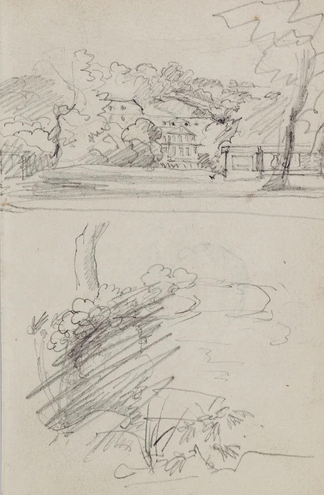 View of a Country House and Studies of Bushes and Foliage