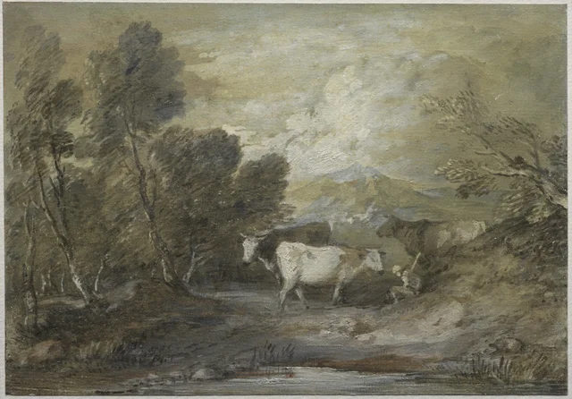 Bouvier avec trois vaches près d'une mare de hautes terres