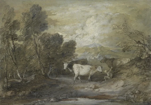 Vaquero con tres vacas junto a una charca de tierras altas