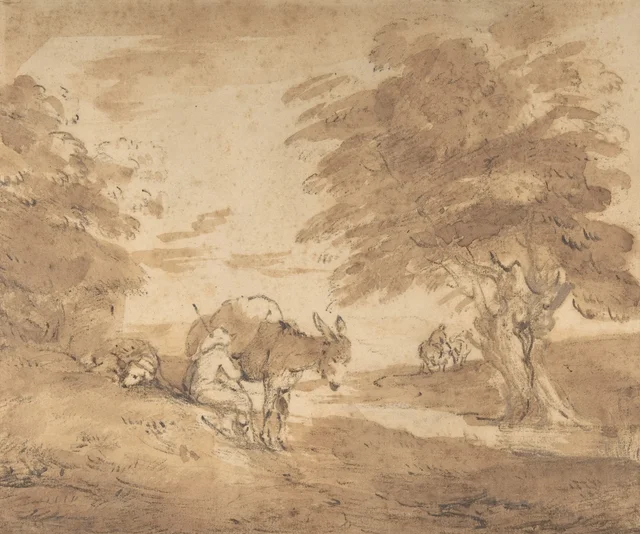 Alto en el camino (Paisaje abierto con figuras, un burro y caballos)