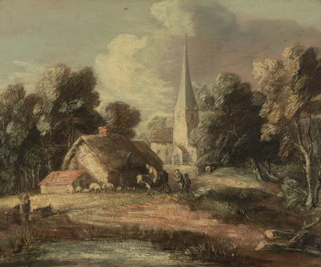Paisaje con una casa de campo y una iglesia
