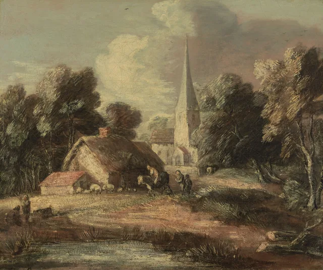 Paysage avec une chaumière et une église