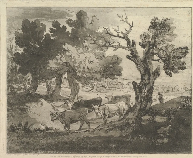 Paysage boisé avec des bouviers et des vaches