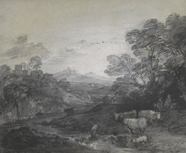 Paisaje arbolado con vaqueros y ganado, edificios en una colina y enamorados rústicos