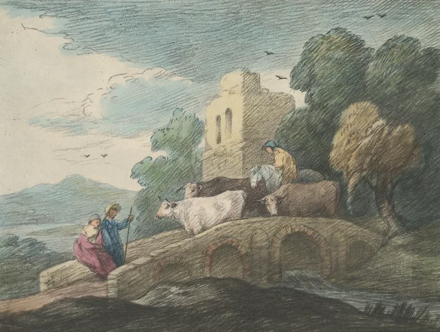 Paisaje arbolado con vaqueros conduciendo ganado sobre un puente, enamorados rústicos y un castillo en ruinas