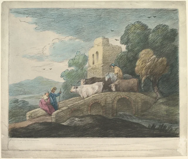 Wooded Landscape with Herdsmen Driving Cattle over a Bridge, Rustic Lovers and Ruined Castle, Thomas Gainsborough
