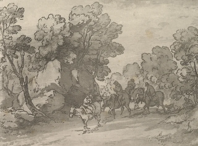 Paisaje arbolado con jinetes