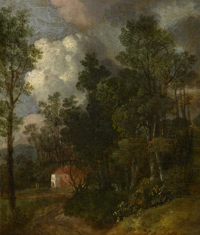 Paisaje arbolado con figuras junto a una casa