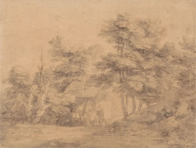 Paysage boisé avec des personnages, des ânes et une chaumière