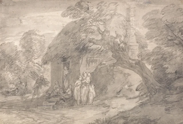Paisaje arbolado con personajes ante la puerta de una casa de campo, Thomas Gainsborough