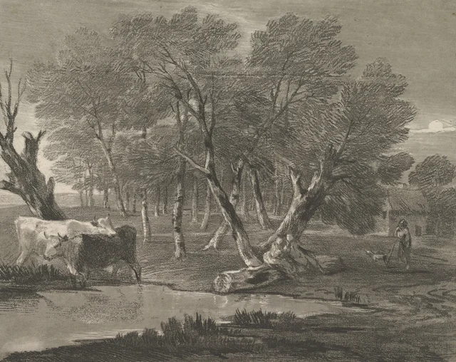 Paisaje arbolado con vacas junto a una charca, figuras y una casa de campo, Thomas Gainsborough