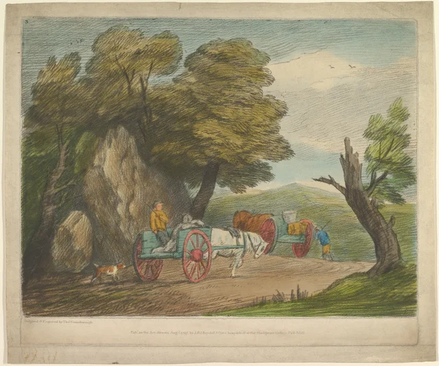 Paysage boisé avec deux charrettes et des figures