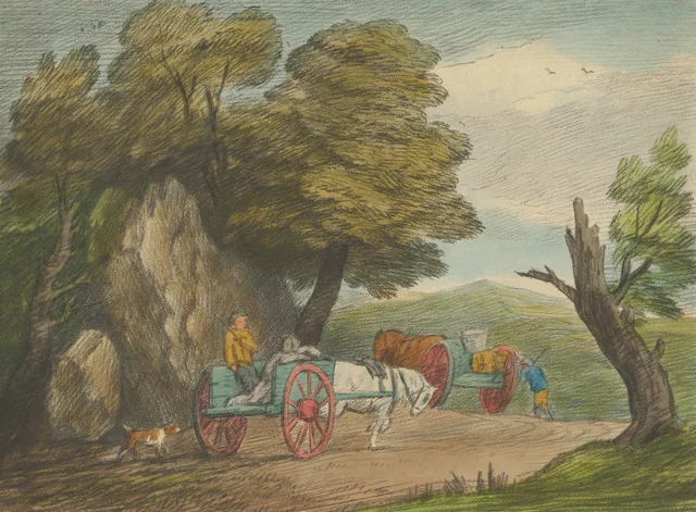 Paisaje arbolado con dos carros de campo y figuras