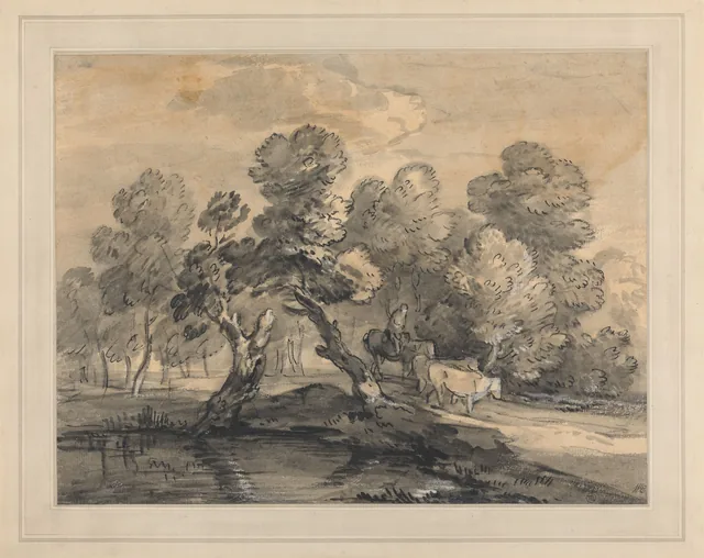 Paysage boisé avec un bouvier et des vaches
