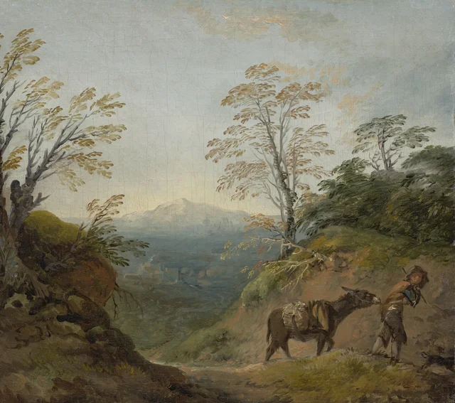 Paisaje arbolado con un muchacho conduciendo un burro y un perro, y un amplio panorama con edificios y colinas lejanas
