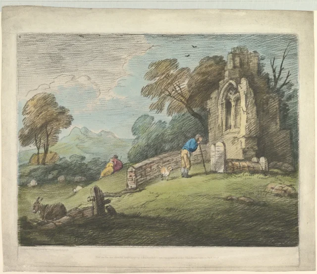 Paysage boisé avec un paysan lisant une pierre tombale, des amoureux rustiques et une église en ruine