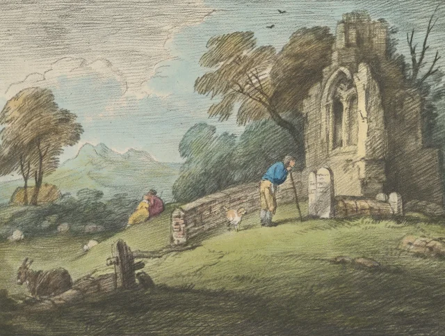 Paisaje arbolado con un campesino leyendo una lápida, enamorados rústicos y una iglesia en ruinas