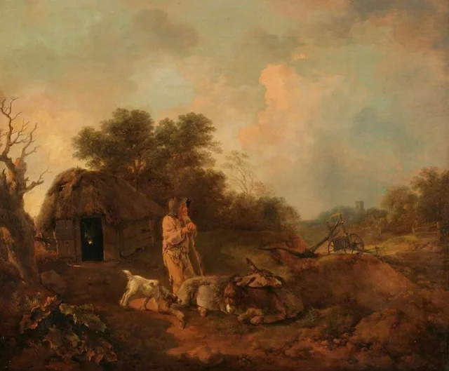 Paisagem arborizada com velho camponês e burros diante de um celeiro, relha de arado e igreja ao longe, Thomas Gainsborough