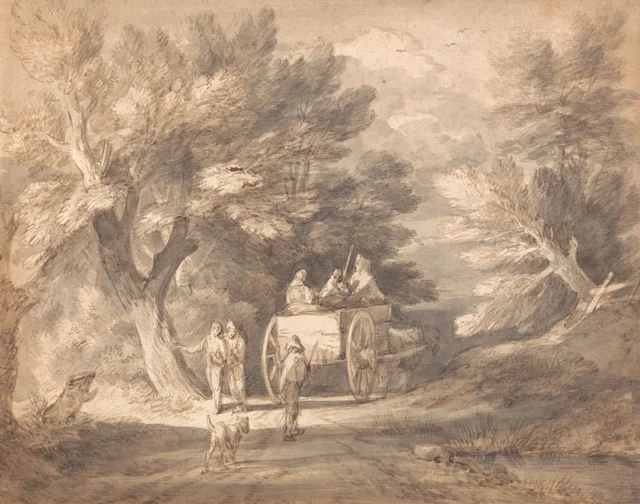 Paisaje arbolado con un carro de campo y personajes caminando por un sendero