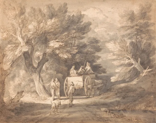 Paysage boisé avec une charrette de campagne et des personnages descendant un chemin