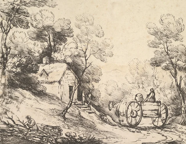 Paisaje arbolado con un carro de campo, una casa de campo y figuras, Thomas Gainsborough