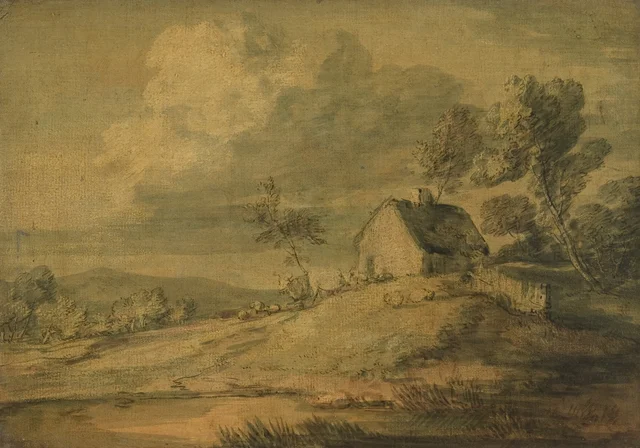 Paisaje arbolado con una casa de campo, vacas y ovejas
