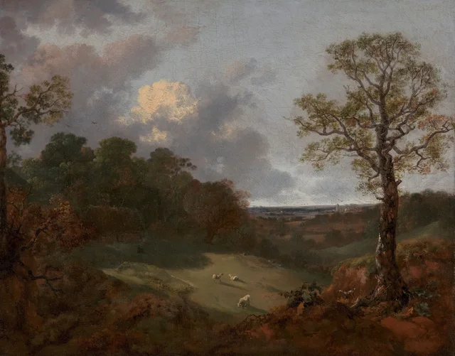 Paisaje arbolado con una casa de campo y un pastor