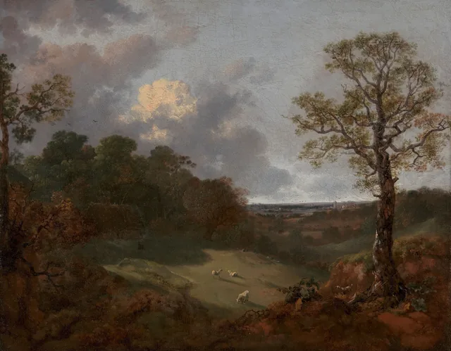 Paisagem arborizada com chalé e pastor